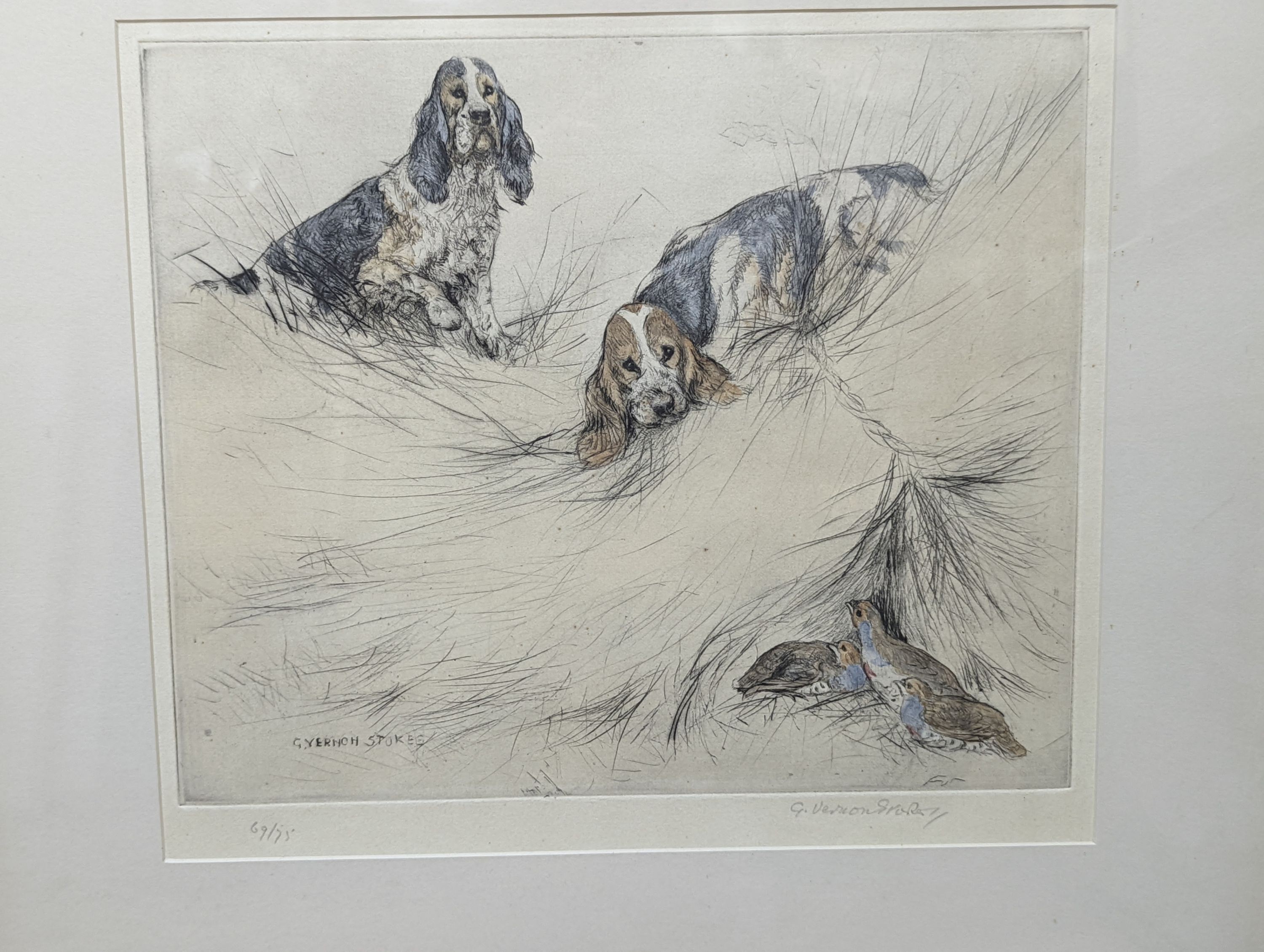 George Vernon Stokes (1873-1954), coloured etching, ‘’Springer Spaniels spying grouse’’, signed, 69/75, 25 x 30cm, together with four 18th century caricature prints